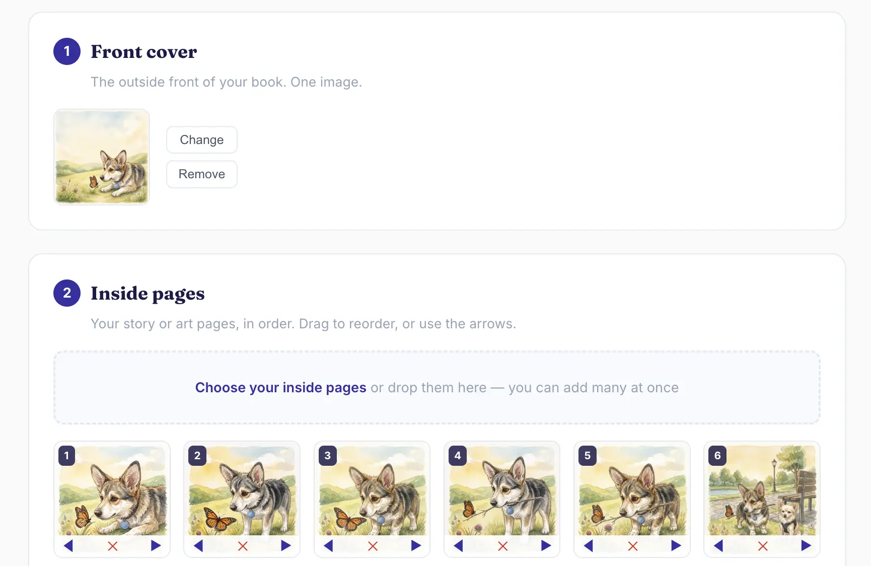 The assembler showing the front-cover slot and a numbered grid of inside pages