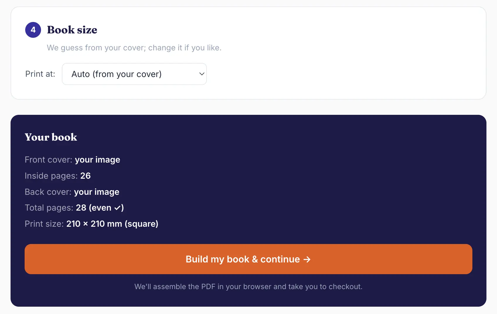 The book-size selector and a summary showing covers, page count and print size
