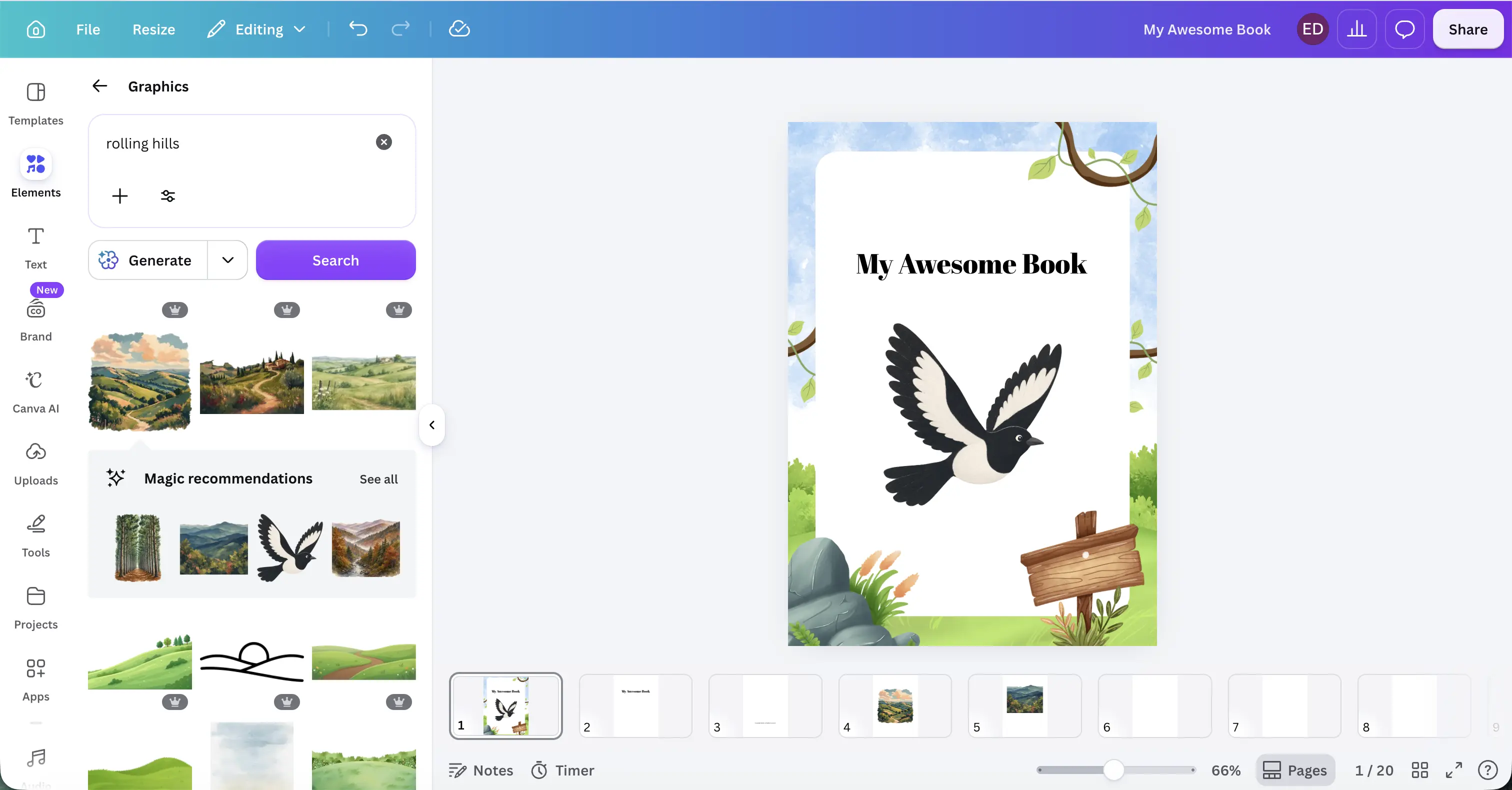 A book laid out in Canva with page thumbnails down the side