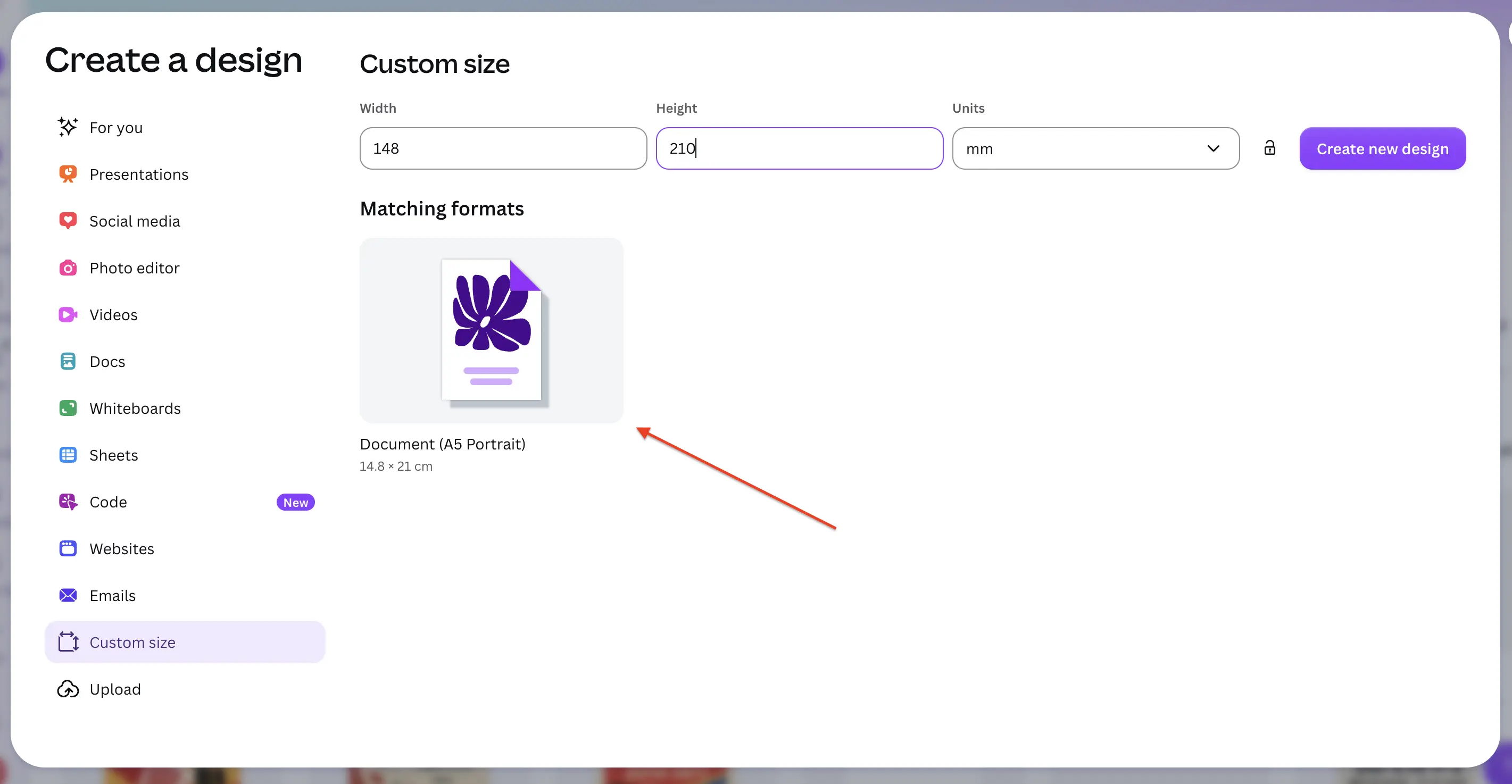 Canva Custom size dialog set to millimetres