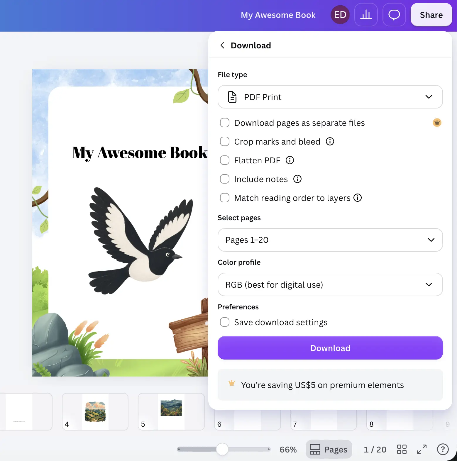 Canva PDF Print options with Crop marks and bleed and Flatten PDF both unchecked