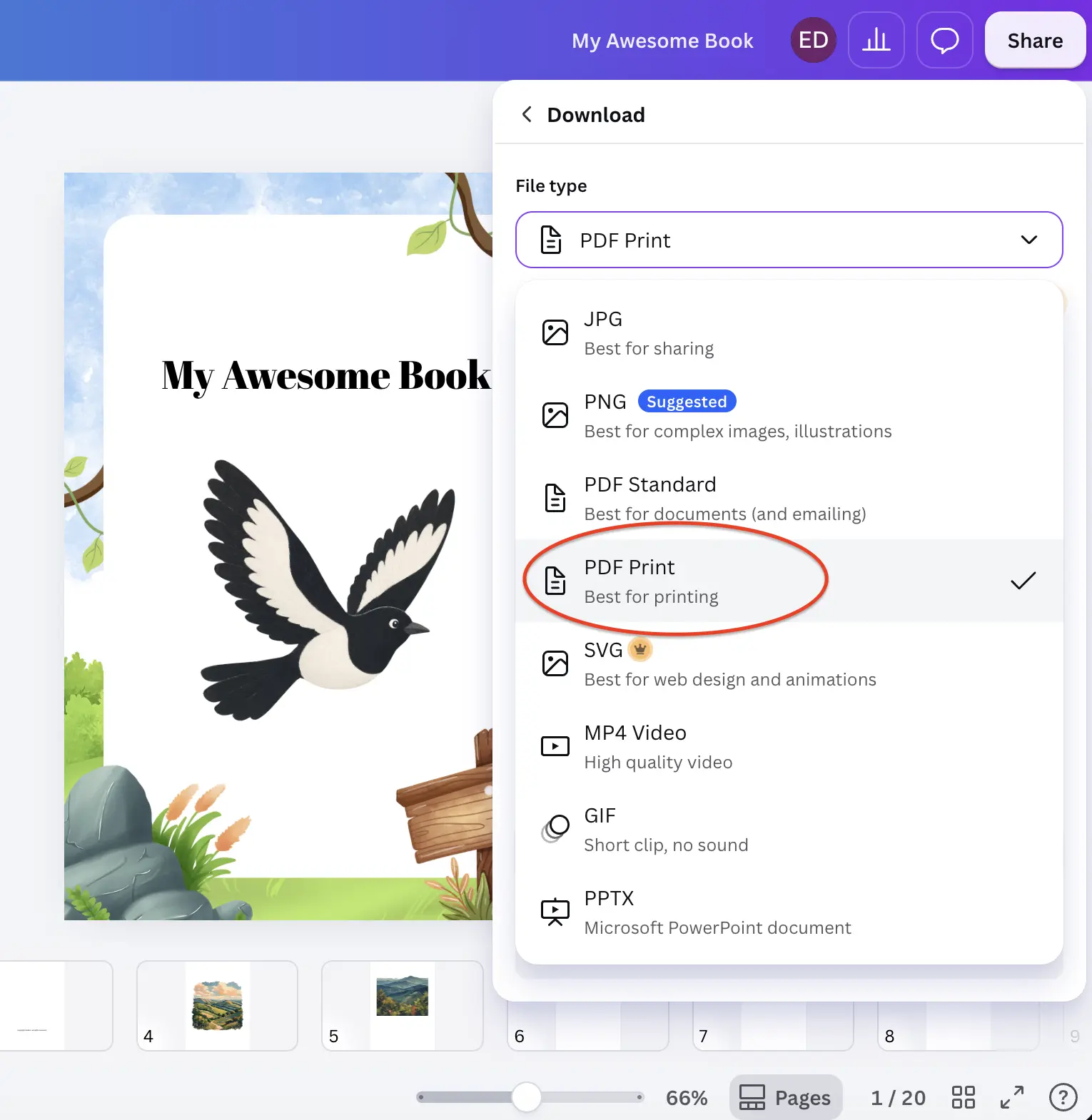 Canva Download panel with PDF Print chosen as the file type