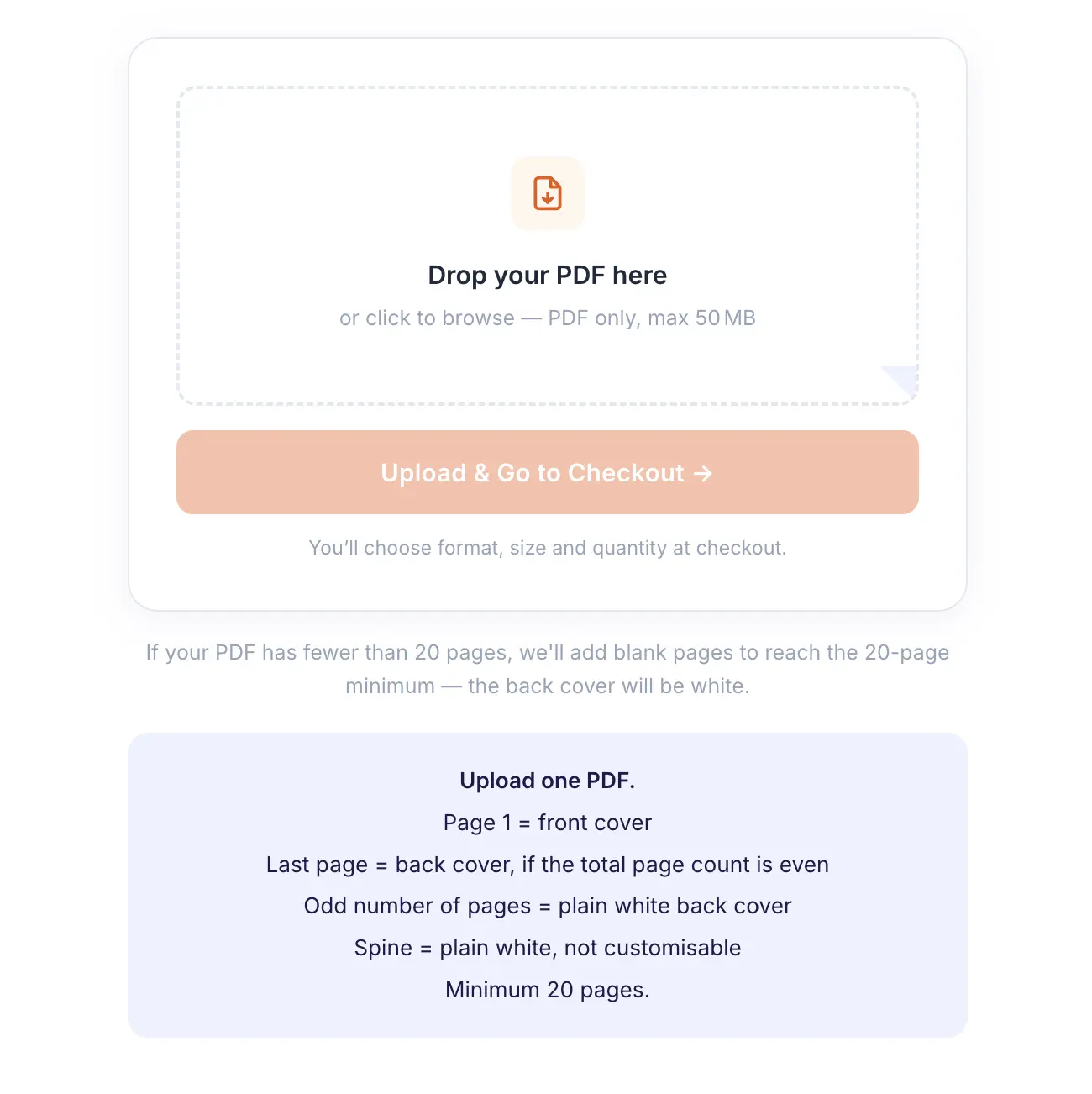 The PrintAIBook upload box on the homepage